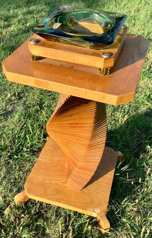 VINTAGE  Mid Century Wood~Floor Standing  SMOKING STAND w Glass Ashtray