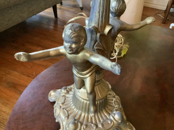 Antique Vintage cast Electric Cherubs Table boudoir Lamp Slag Glass brass Shade