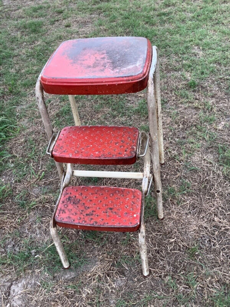 Vintage Cosco Red & White Kitchen Step Stool  chair Ladder Seat fold out Steps
