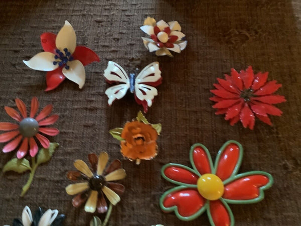 Vintage Colorful Summer Enamel Flower Power 1960’s Brooches Pins Mixed Lot of 10