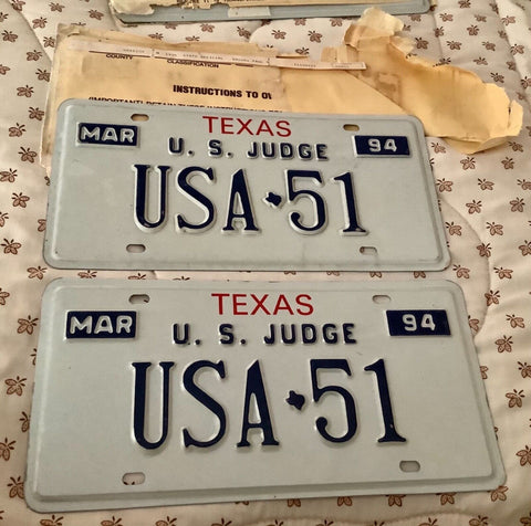 Vtg 1994 Texas STATE U.S.  JUDGE license plates USA 51  NOS PAIR