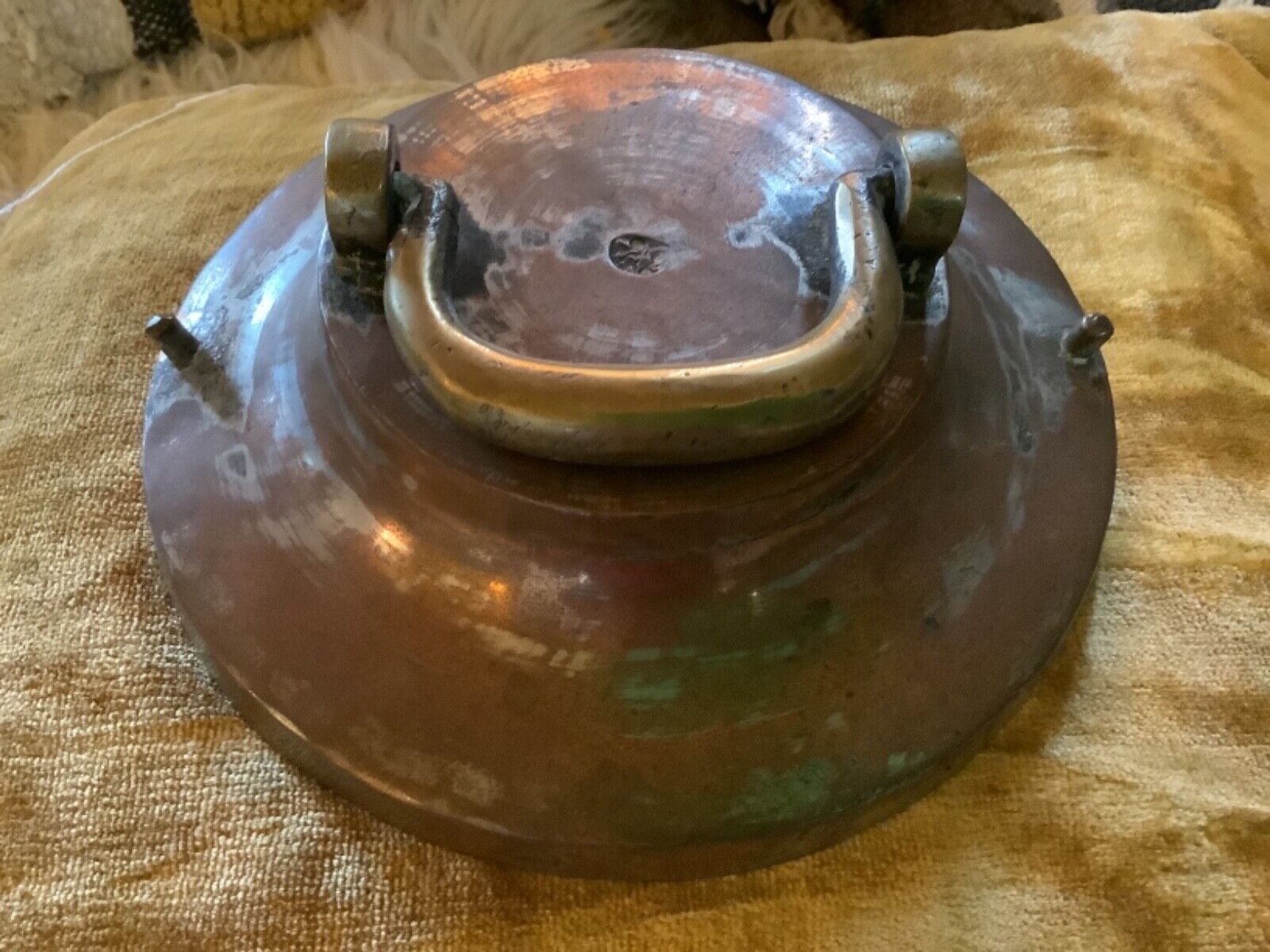 Vintage Copper  pot pan Tin-Lined Brass Handle  Lid Only