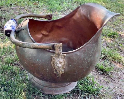 Vtg Copper Brass Coal log Ash Bucket  Lion Head porcelain Handle