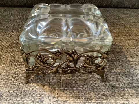 Vtg Jar Brass vanity pressed cut  Glass trinket Lidded Box chest casket filigree