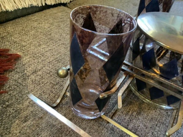 Vintage Glass Ice Bucket bar glasses Mid Century  Diamonds Gold black caddy mcm
