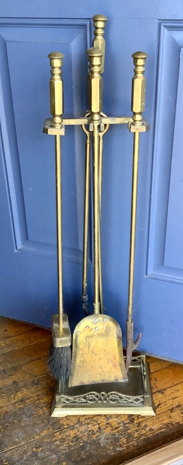 Vintage set of fireplace tools handles solid brass iron