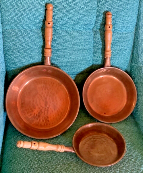 Vintage Hammered Copper brass Skillets Set of 3 Wood Handles Cookware Pan