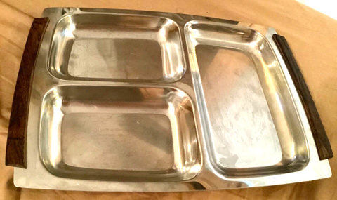 LUNDTOFTE Danish divided Tray Stainless Steel Teak Serving Dish  Mid-century