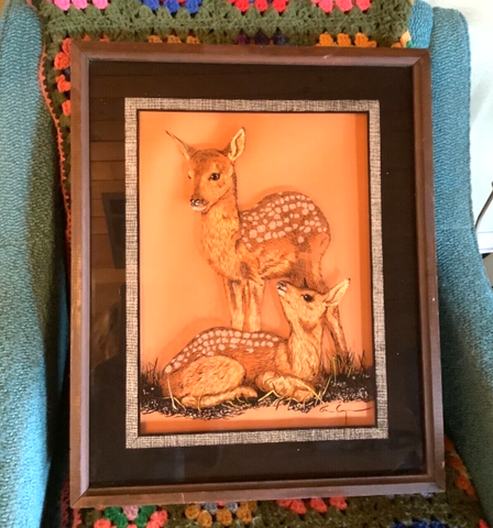 VTG Tom Cryer Lu Lus fawn Deer Framed Picture Reverse Image on Glass 21"x17"