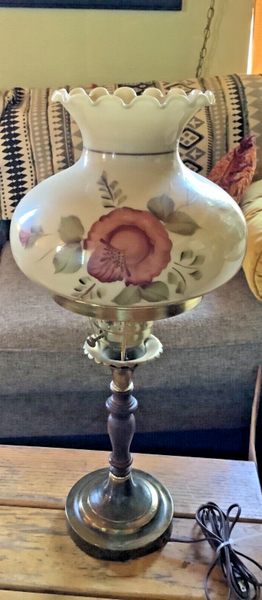 Vtg Fenton Table Lamp Light Cast Brass Base Hand Painted Floral Ruffle Shade