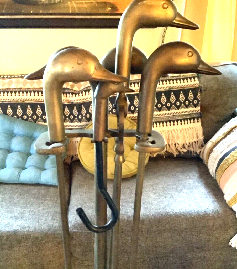 Vintage Brass Mallard Duck Head Fireplace Tool Set MCM Mid Century mod