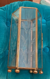 VTG Brass Glass Trinket Display Hexagon Hinged etched display box chest