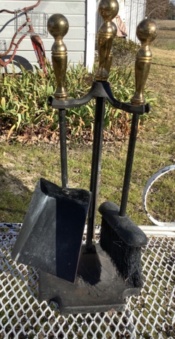Vintage Small  Brass and Cast Iron Heavy Fireplace Tool Set