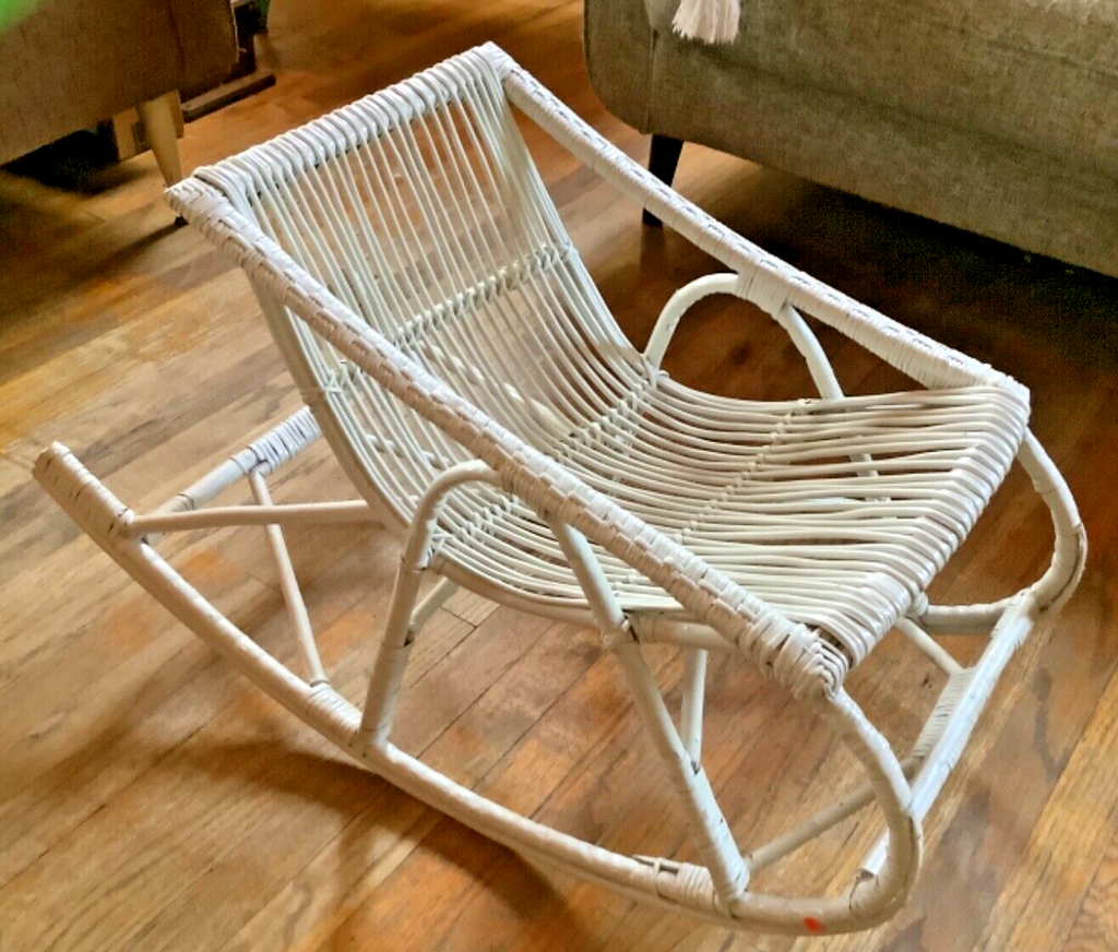 White wicker rattan bentwood rocking rocker child chair vintage cradle