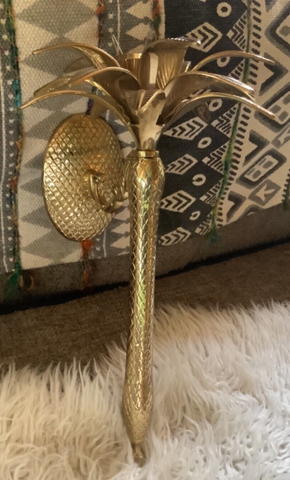 VTG Solid Brass Tropical Palm Tree Pineapple Wall Sconce Candle Holder