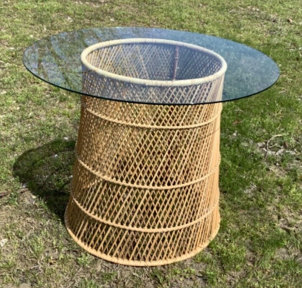Vintage Boho rattan wicker wood Glass Round Dining kitchen Table